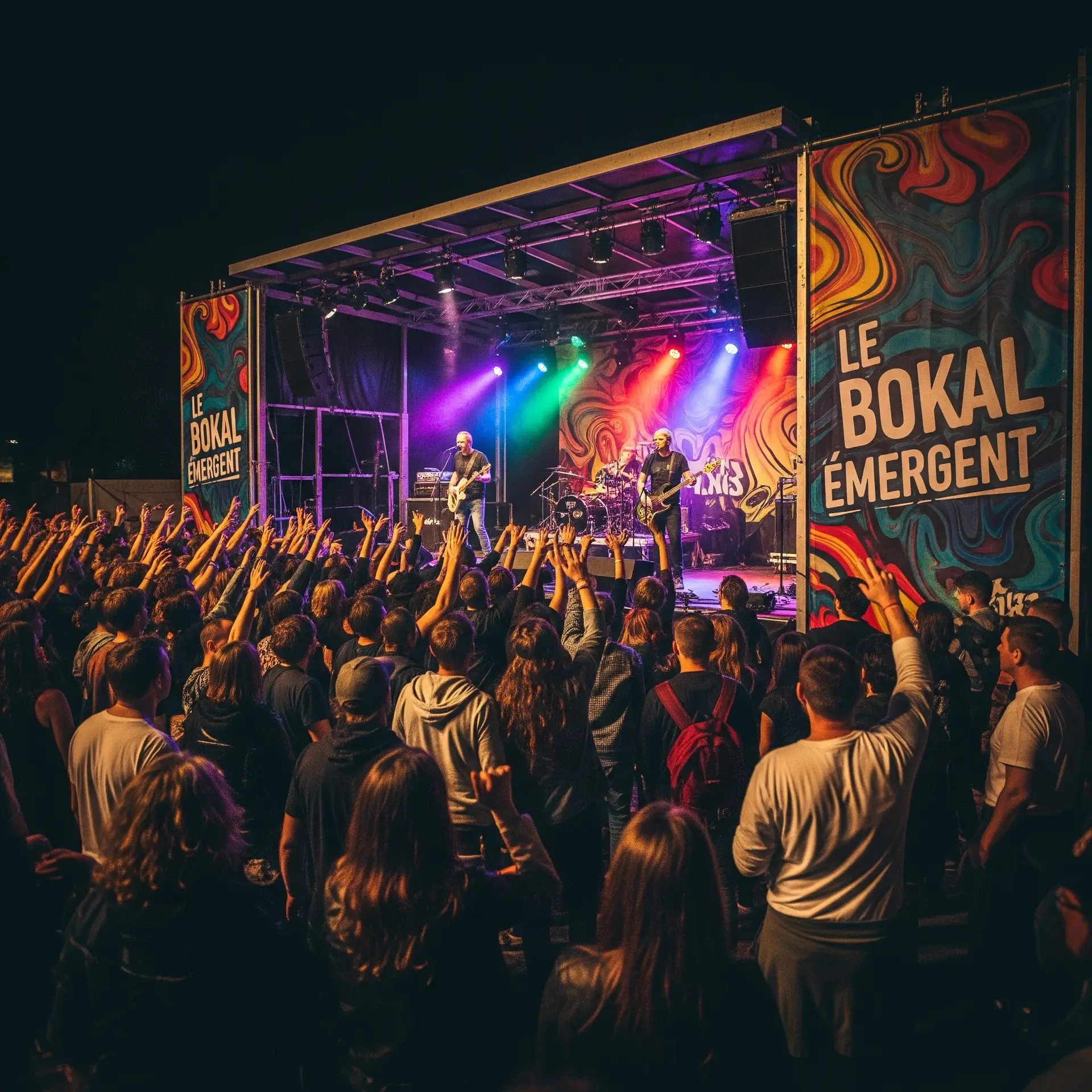 Scène live du Bokal Emergent Fest avec un groupe rock métal et le public en concert