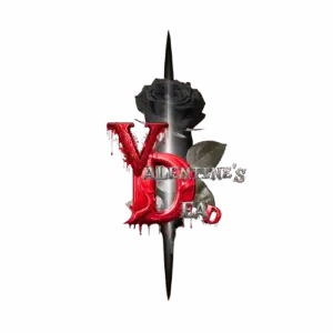 Logo transparent du groupe punk-rock Valentine's Dead, fond noir avec rose et lettrage rouge sang